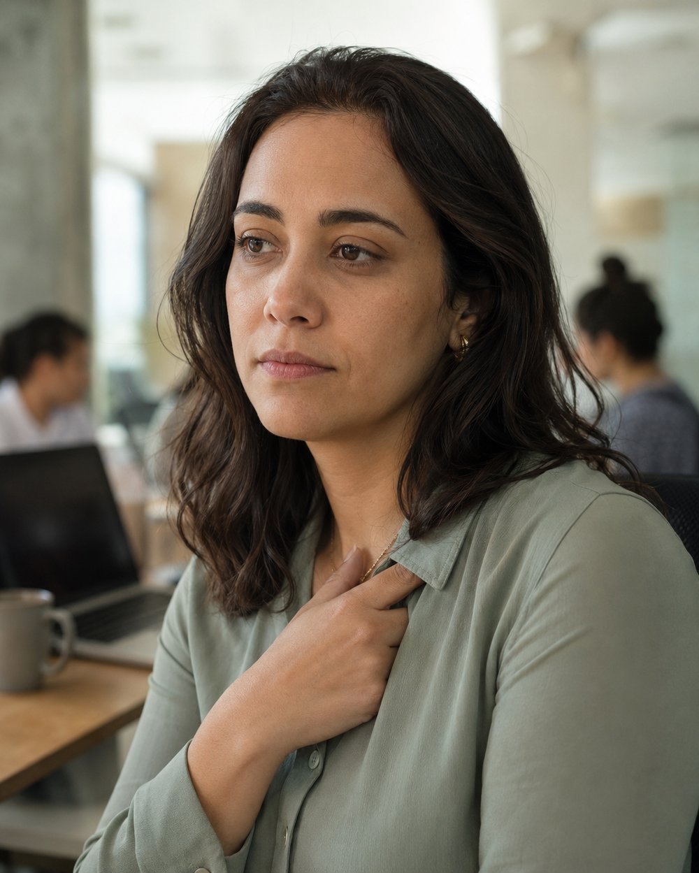 Mulher segurando uma crise de ansiedade discretamente no trabalho