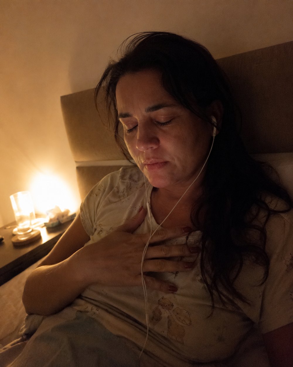 A mesma mulher mais calma, de fone, a mão no peito, seguindo o áudio